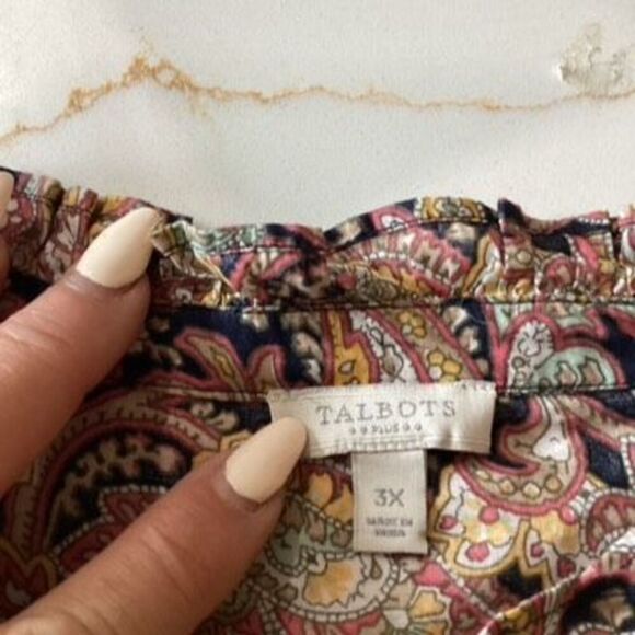 Talbots Plus Paisley Top Blouse Sz 3X Ruffled Neck Sleeve 1/2 Buttoned Down - Picture 4 of 8